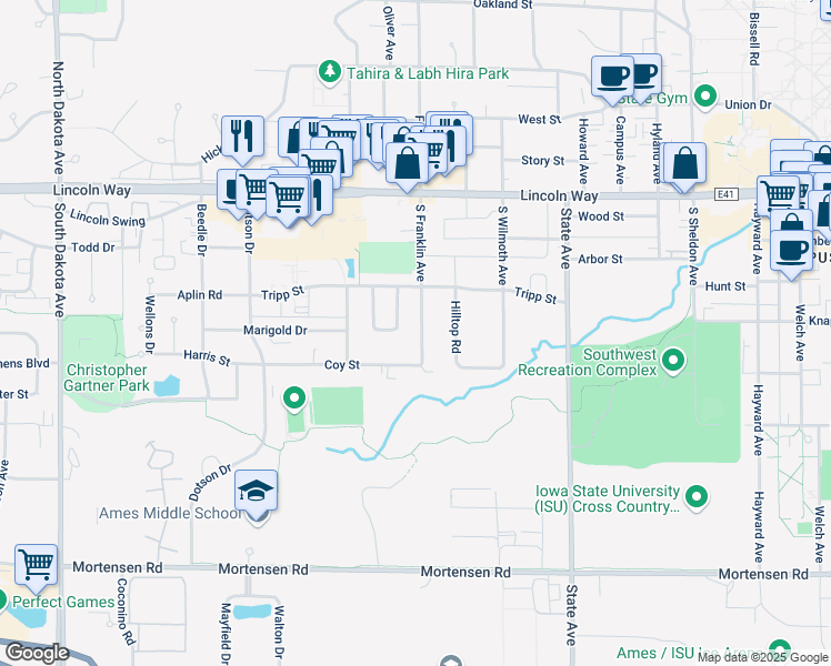 map of restaurants, bars, coffee shops, grocery stores, and more near 309 South Franklin Avenue in Ames