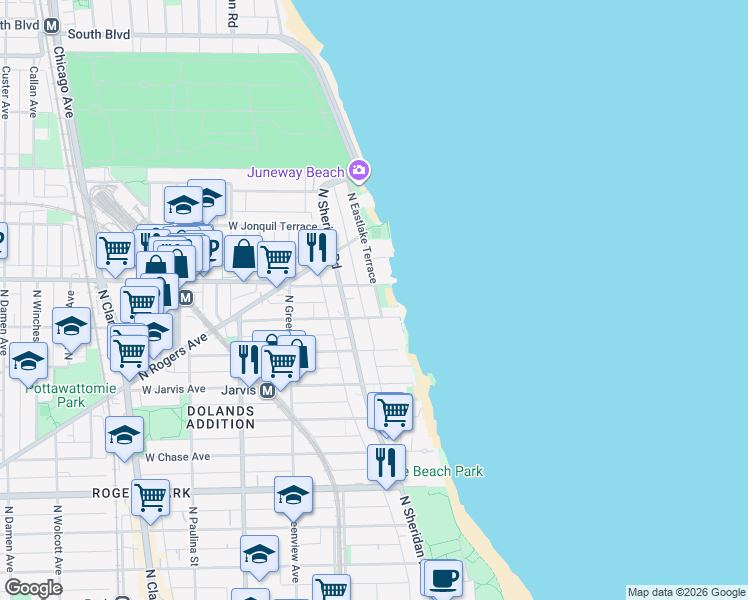 map of restaurants, bars, coffee shops, grocery stores, and more near 7609 North Eastlake Terrace in Chicago