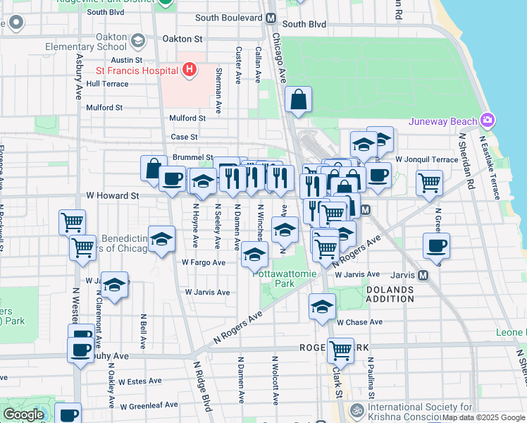 map of restaurants, bars, coffee shops, grocery stores, and more near 627 West Howard Street in Evanston