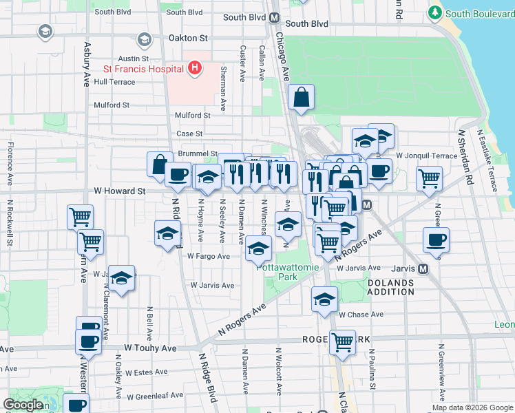 map of restaurants, bars, coffee shops, grocery stores, and more near 627 West Howard Street in Evanston
