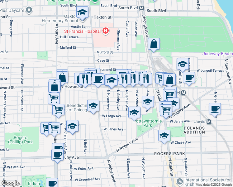 map of restaurants, bars, coffee shops, grocery stores, and more near in Evanston