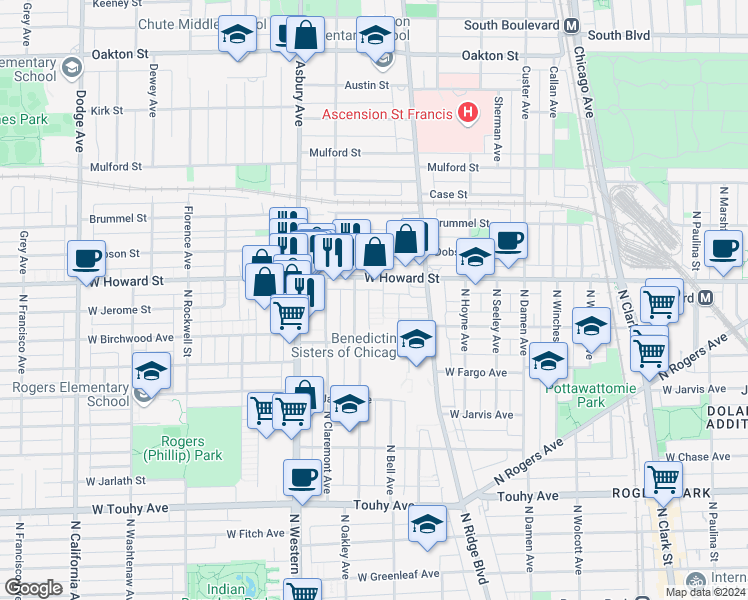 map of restaurants, bars, coffee shops, grocery stores, and more near 1600 Howard Street in Chicago