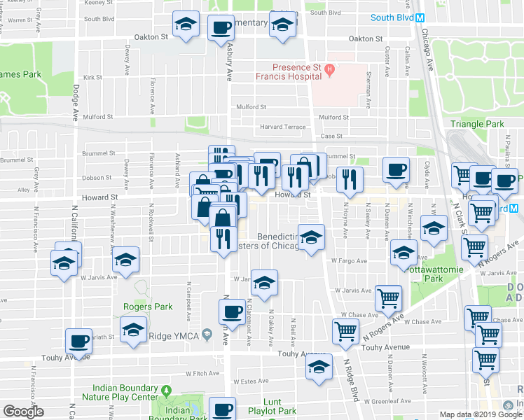 map of restaurants, bars, coffee shops, grocery stores, and more near in Evanston