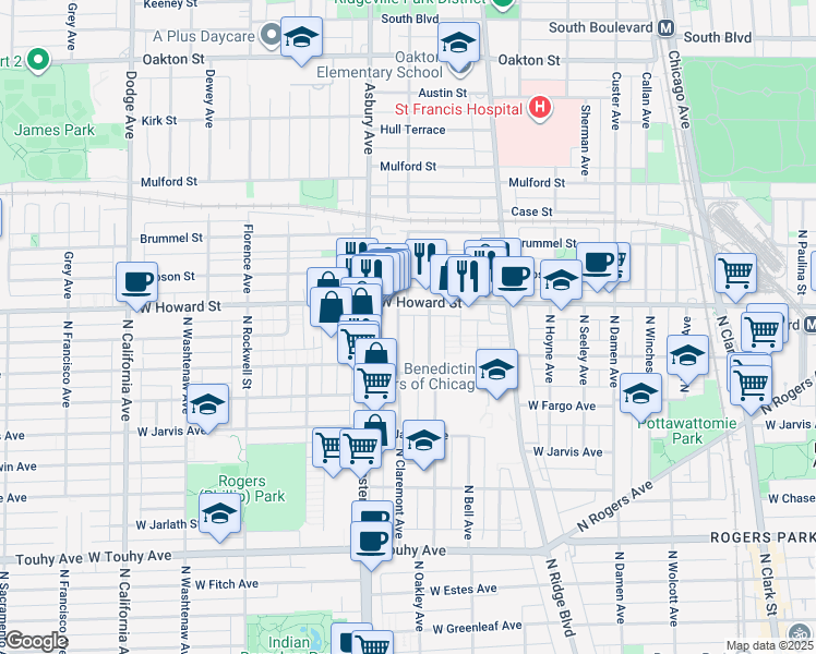 map of restaurants, bars, coffee shops, grocery stores, and more near in Evanston
