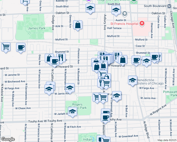 map of restaurants, bars, coffee shops, grocery stores, and more near 1425 West Howard Street in Evanston