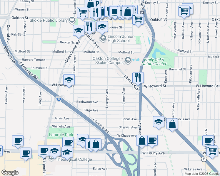 map of restaurants, bars, coffee shops, grocery stores, and more near 4934 West Howard Street in Skokie