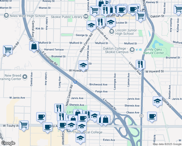 map of restaurants, bars, coffee shops, grocery stores, and more near 7600 Laramie Avenue in Skokie