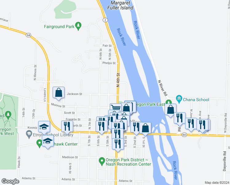 map of restaurants, bars, coffee shops, grocery stores, and more near 408 North 4th Street in Oregon
