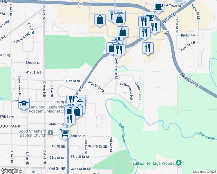 map of restaurants, bars, coffee shops, grocery stores, and more near 4014 Westover Road Southeast in Cedar Rapids