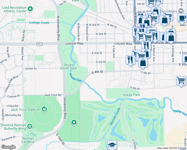 map of restaurants, bars, coffee shops, grocery stores, and more near 319 South Hazel Avenue in Ames