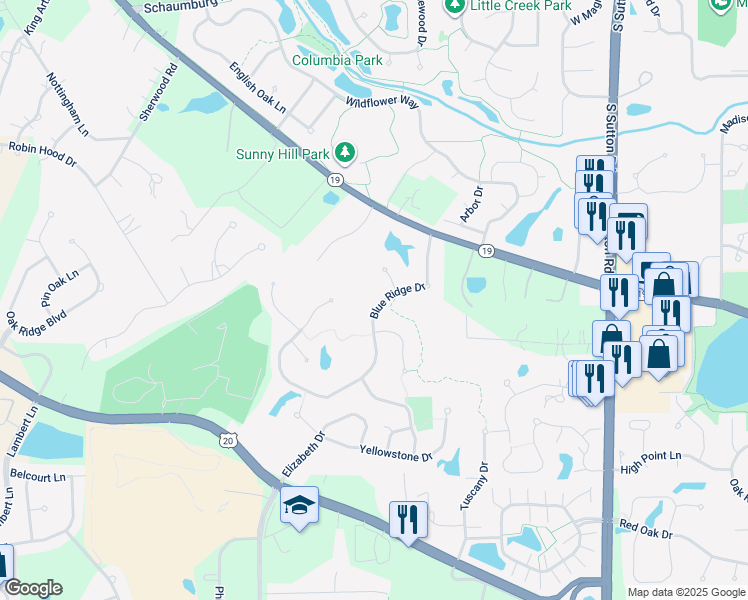 map of restaurants, bars, coffee shops, grocery stores, and more near 732 Blue Ridge Drive in Streamwood