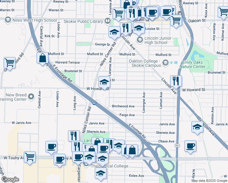 map of restaurants, bars, coffee shops, grocery stores, and more near 7600 Laramie Avenue in Skokie