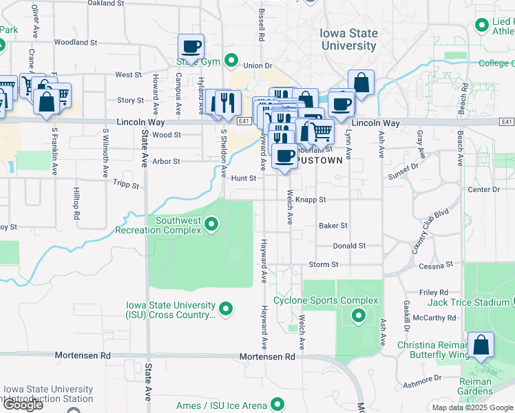map of restaurants, bars, coffee shops, grocery stores, and more near 405 Hayward Avenue in Ames