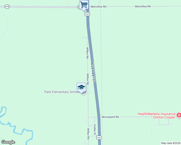 map of restaurants, bars, coffee shops, grocery stores, and more near 53599 Wilbur Road in Three Rivers