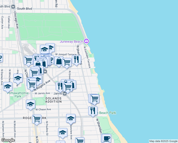 map of restaurants, bars, coffee shops, grocery stores, and more near 7518 North Eastlake Terrace in Chicago