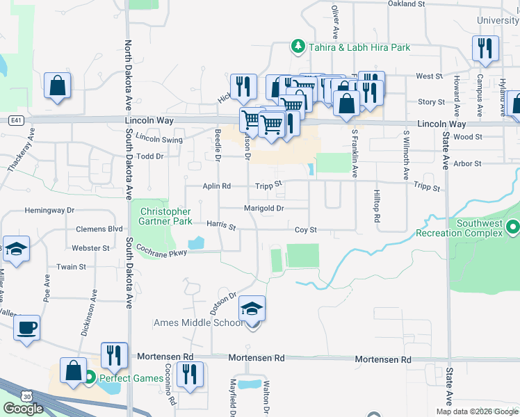 map of restaurants, bars, coffee shops, grocery stores, and more near 3907 Marigold Drive in Ames