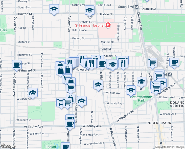 map of restaurants, bars, coffee shops, grocery stores, and more near 2219 West Howard Street in Chicago