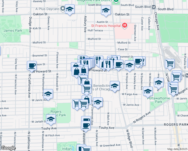 map of restaurants, bars, coffee shops, grocery stores, and more near in Evanston