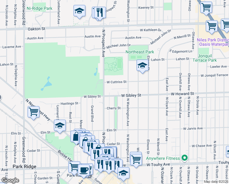 map of restaurants, bars, coffee shops, grocery stores, and more near 401 West Cuttriss Street in Park Ridge