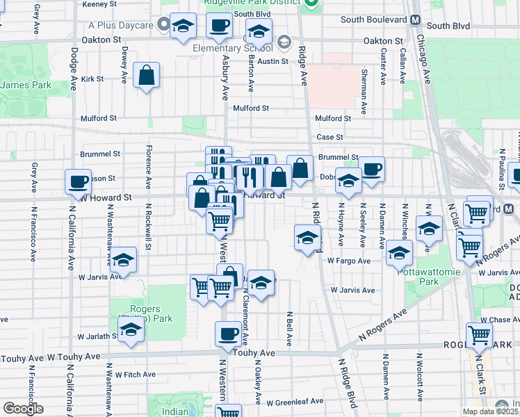 map of restaurants, bars, coffee shops, grocery stores, and more near in Evanston