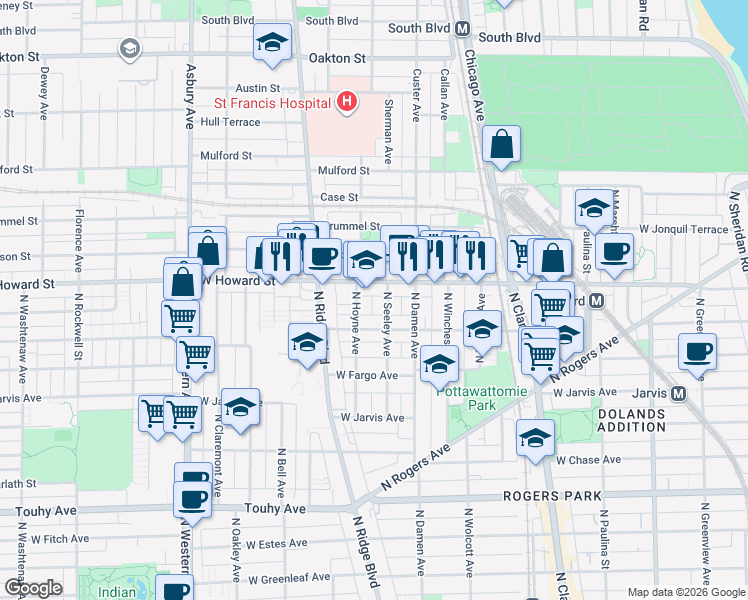 map of restaurants, bars, coffee shops, grocery stores, and more near 7528 North Seeley Avenue in Chicago