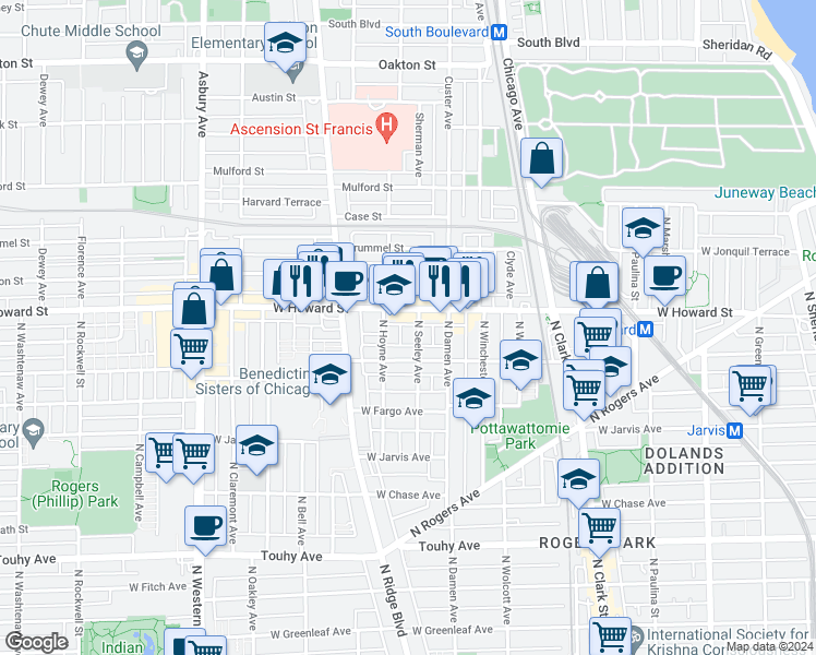 map of restaurants, bars, coffee shops, grocery stores, and more near in Evanston