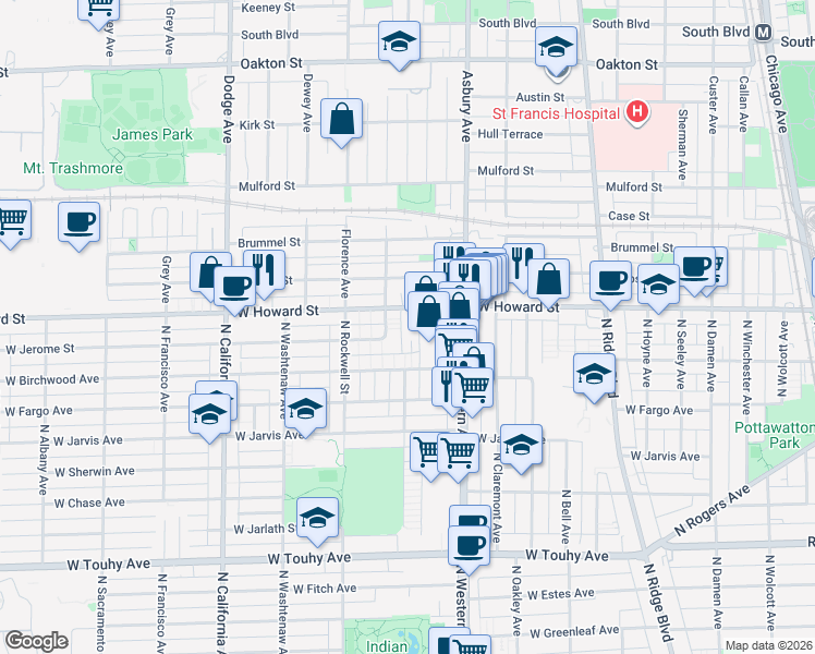 map of restaurants, bars, coffee shops, grocery stores, and more near 2451 West Howard Street in Chicago