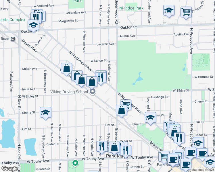 map of restaurants, bars, coffee shops, grocery stores, and more near 645 North Delphia Avenue in Park Ridge