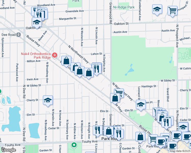 map of restaurants, bars, coffee shops, grocery stores, and more near 652b North Northwest Highway in Park Ridge