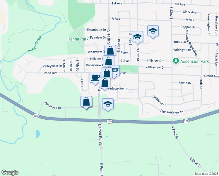 map of restaurants, bars, coffee shops, grocery stores, and more near 1175 Grand Avenue in Marion