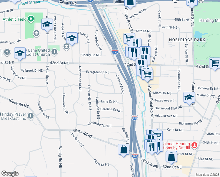 map of restaurants, bars, coffee shops, grocery stores, and more near 2126 Richard Drive Northeast in Cedar Rapids