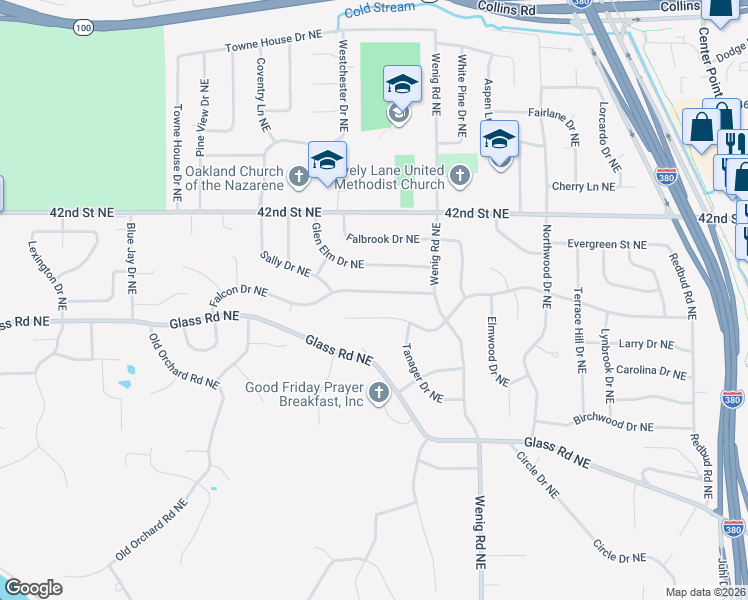 map of restaurants, bars, coffee shops, grocery stores, and more near 2604 Falcon Drive Northeast in Cedar Rapids