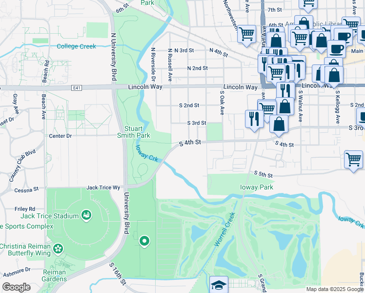 map of restaurants, bars, coffee shops, grocery stores, and more near 319 South Hazel Avenue in Ames