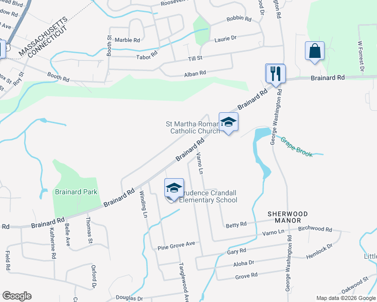 map of restaurants, bars, coffee shops, grocery stores, and more near 191 Brainard Road in Enfield