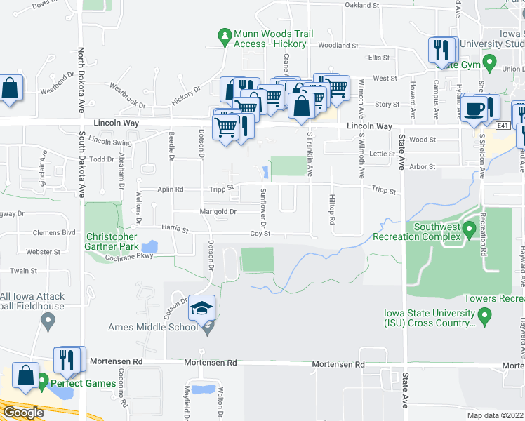 map of restaurants, bars, coffee shops, grocery stores, and more near 430 Sunflower Drive in Ames