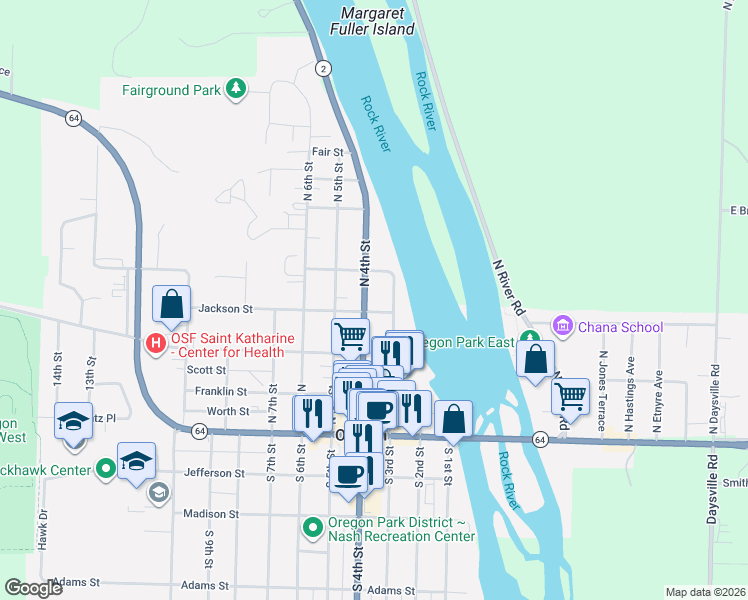 map of restaurants, bars, coffee shops, grocery stores, and more near 408 North 4th Street in Oregon