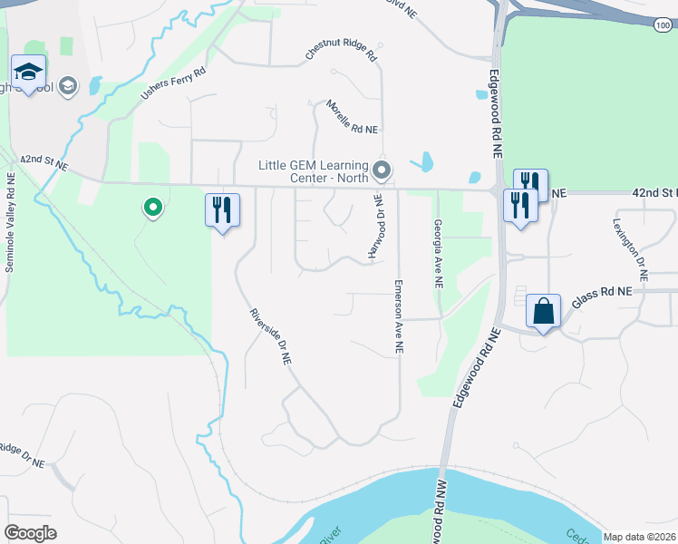 map of restaurants, bars, coffee shops, grocery stores, and more near 5002 North Willowbend Road Northeast in Cedar Rapids
