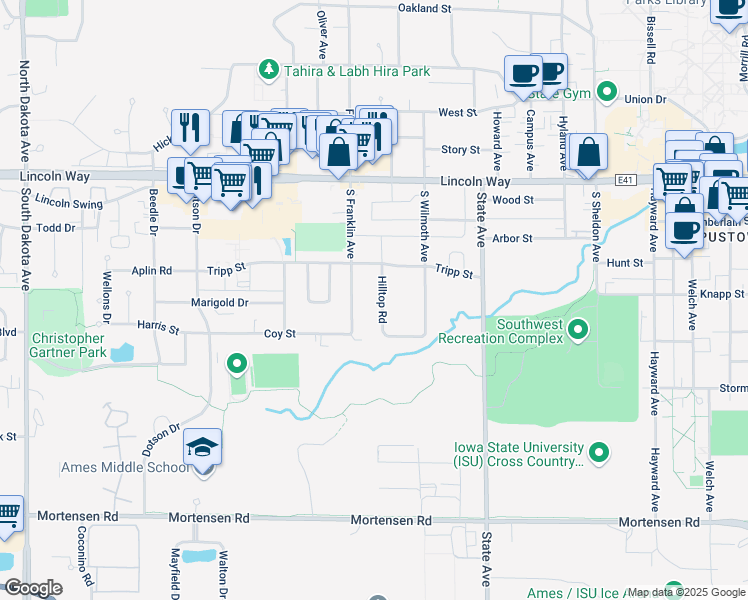 map of restaurants, bars, coffee shops, grocery stores, and more near 407 Hilltop Road in Ames
