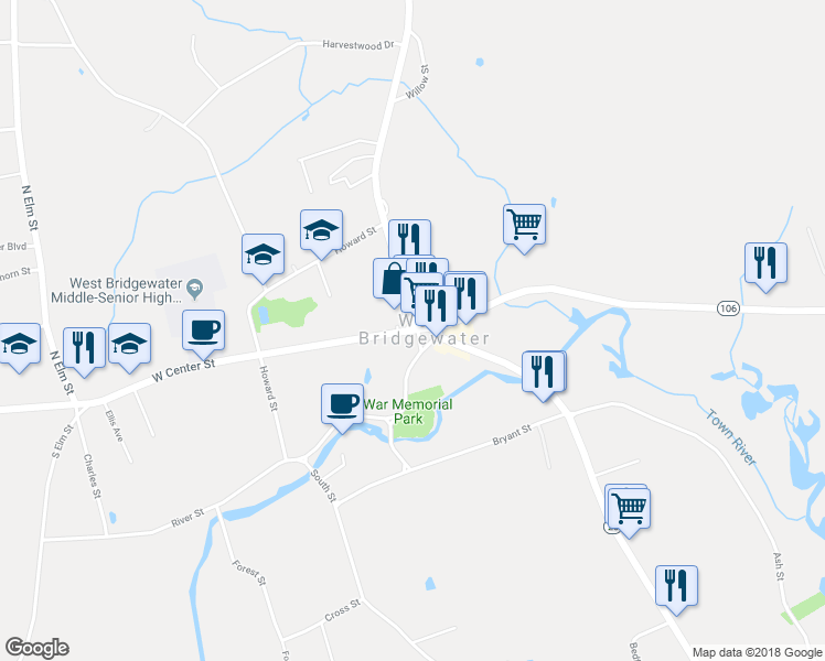 map of restaurants, bars, coffee shops, grocery stores, and more near 4 West Center Street in West Bridgewater