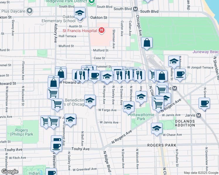 map of restaurants, bars, coffee shops, grocery stores, and more near 7530 North Seeley Avenue in Chicago