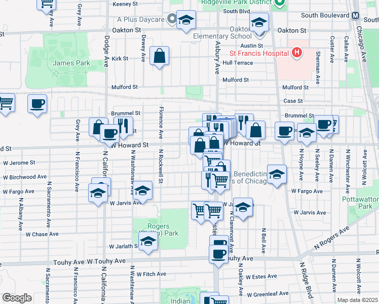 map of restaurants, bars, coffee shops, grocery stores, and more near 2451 West Howard Street in Chicago