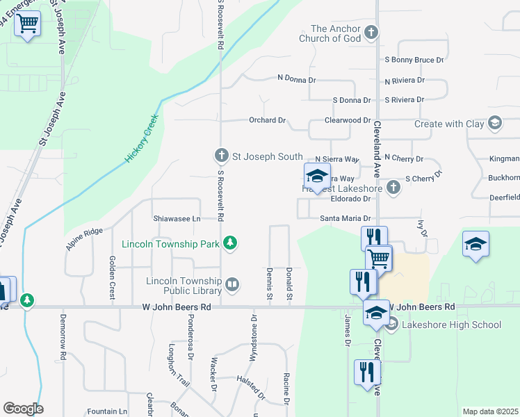 map of restaurants, bars, coffee shops, grocery stores, and more near 2000 Eldorado Drive in Stevensville