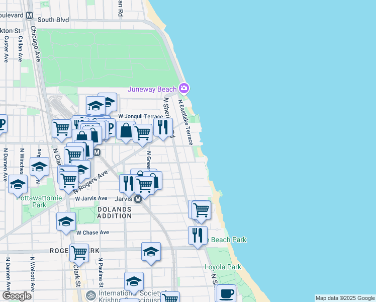 map of restaurants, bars, coffee shops, grocery stores, and more near 7609 North Eastlake Terrace in Chicago