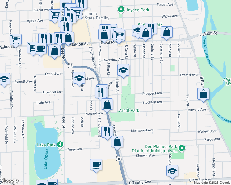 map of restaurants, bars, coffee shops, grocery stores, and more near 1863 Illinois Street in Des Plaines