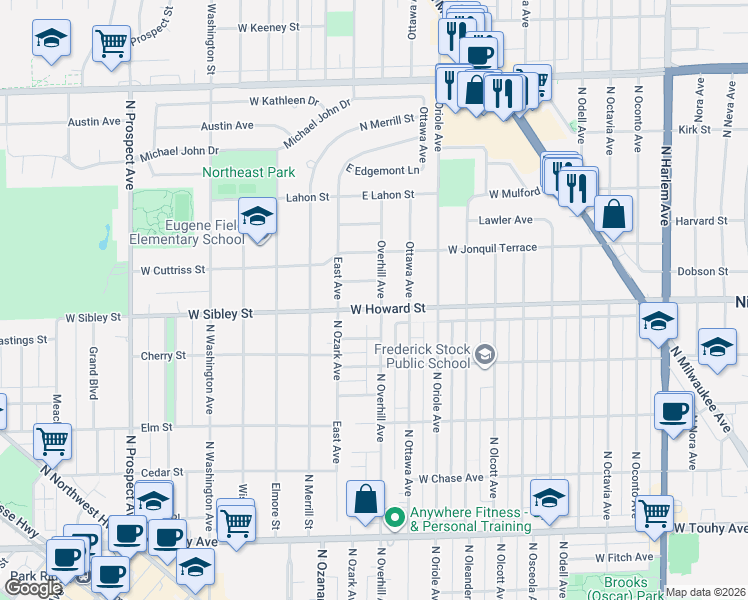 map of restaurants, bars, coffee shops, grocery stores, and more near 131 Joyce Place in Park Ridge