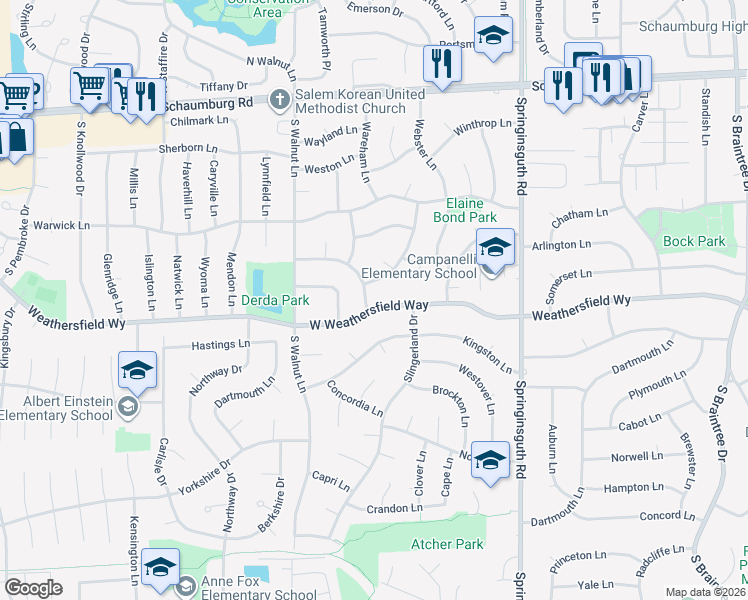 map of restaurants, bars, coffee shops, grocery stores, and more near 1822 West Weathersfield Way in Schaumburg