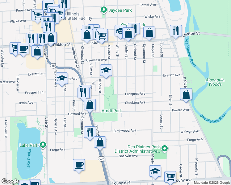 map of restaurants, bars, coffee shops, grocery stores, and more near 1862 White Street in Des Plaines