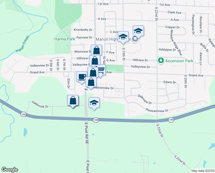 map of restaurants, bars, coffee shops, grocery stores, and more near 1340 Meadowview Drive in Marion