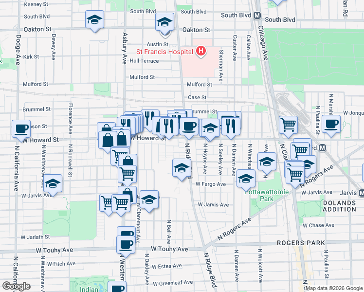 map of restaurants, bars, coffee shops, grocery stores, and more near 2219 West Howard Street in Chicago