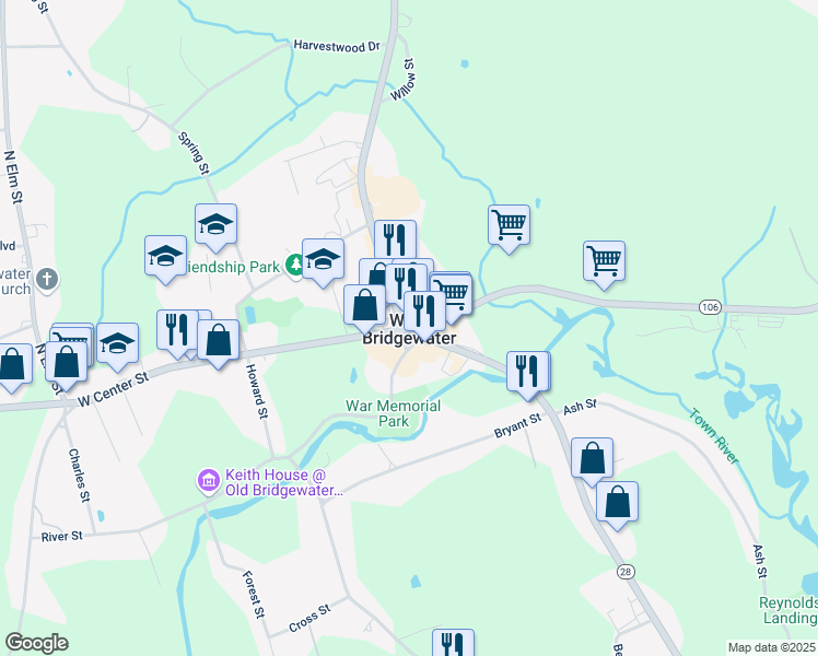map of restaurants, bars, coffee shops, grocery stores, and more near in West Bridgewater